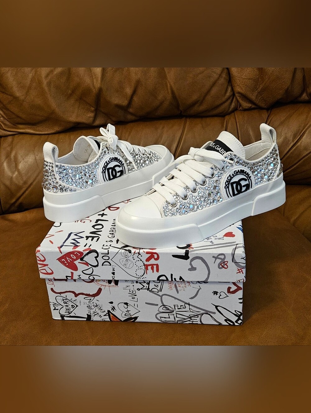 Dolce & Gabbana White Crystal-Studded Designer Canvas Sneakers Size 6 US